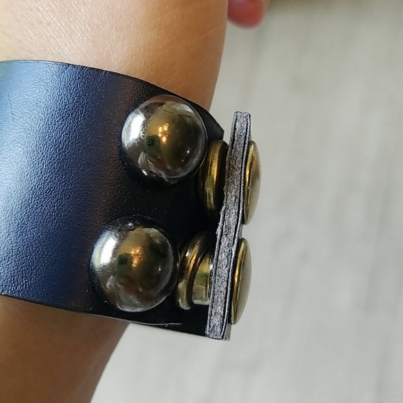 Leather Navy Studded Cuff Bracelet - Picture 2 of 4